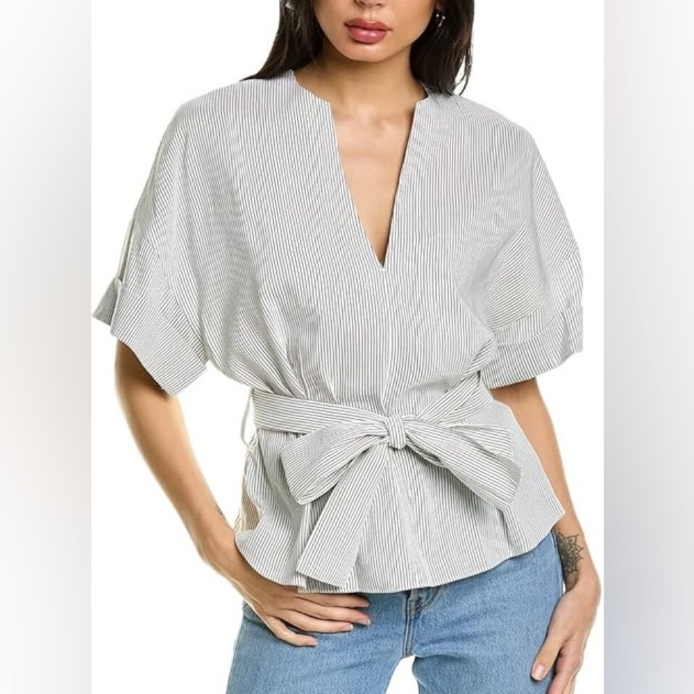 Vince Cuffed Short Sleeve V-Neck Blouse Pinstripe Size Large NWT